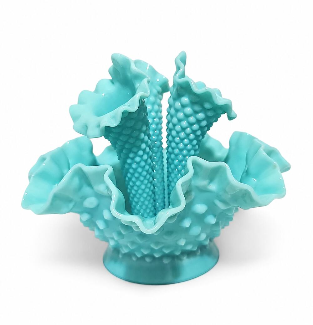 Fenton Aqua Milk Glass Three Horn Hobnail Epergne Vase/Bowl Mint Condition